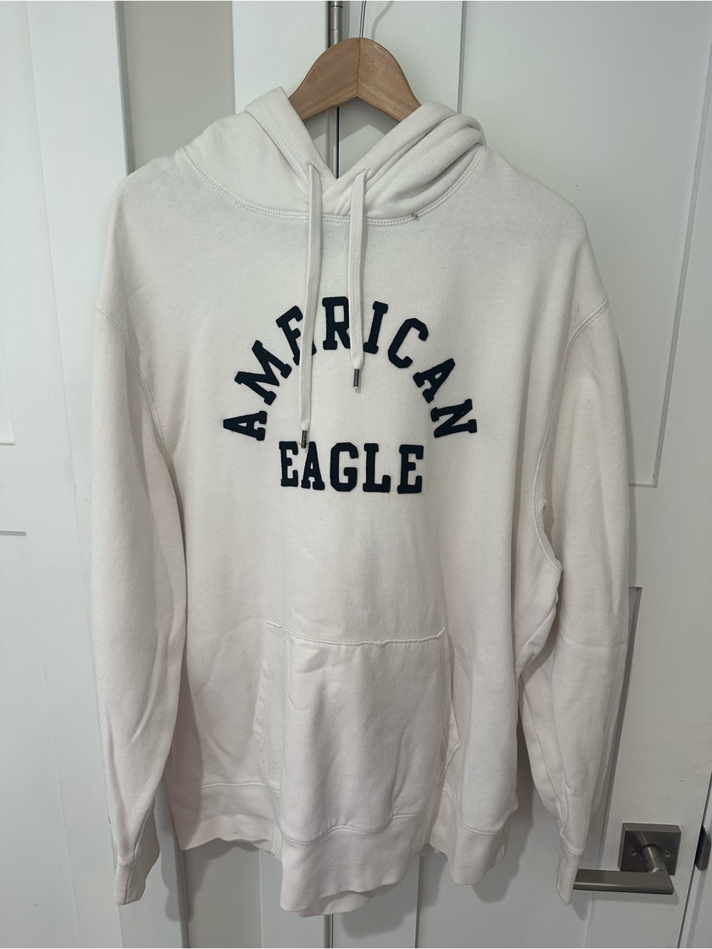 American Age White Pullover Hoodie with Navy Lettering